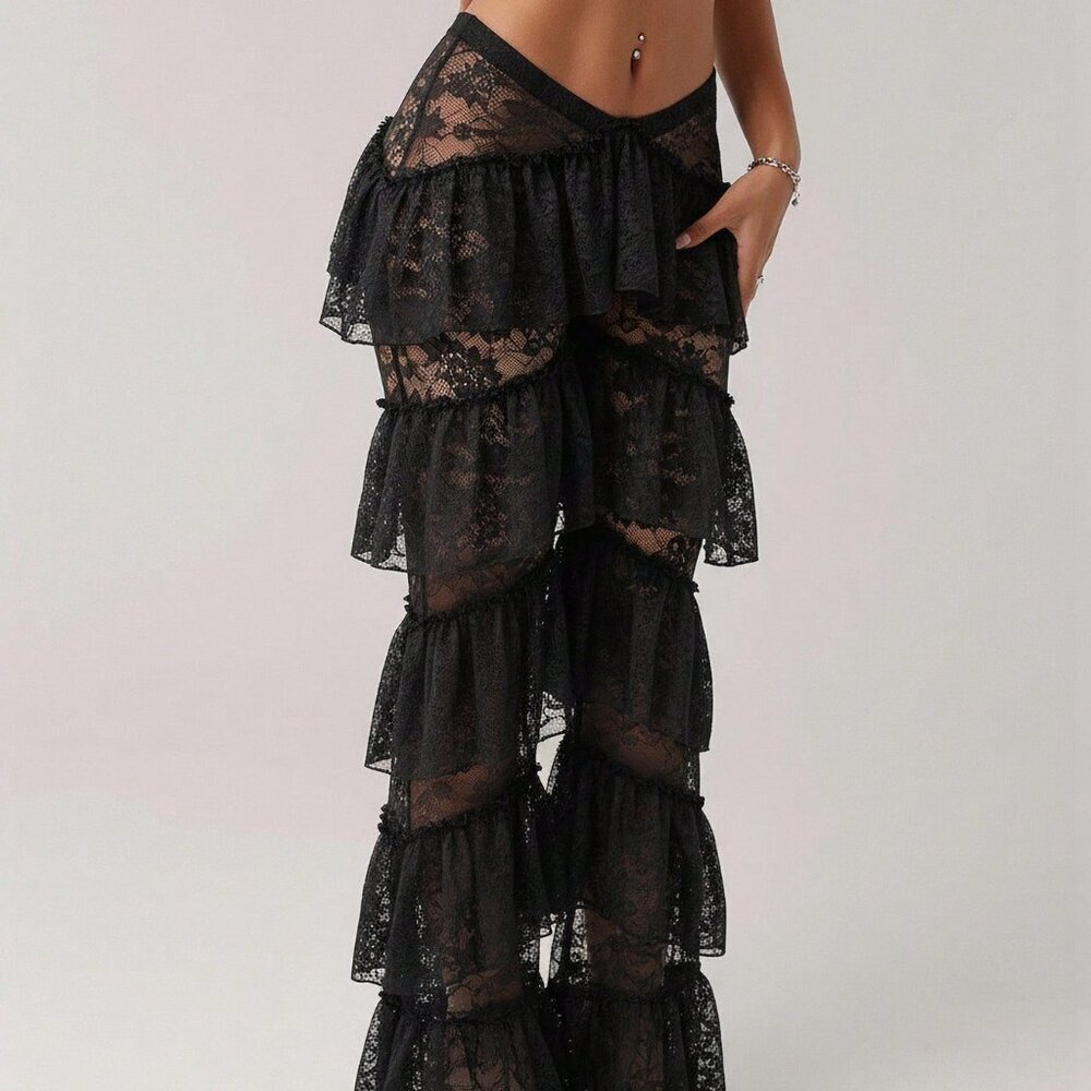 Black Y2k Women's Sexy Low Waist Western Party Pants with Ruffle Hem - Picture 4 of 5